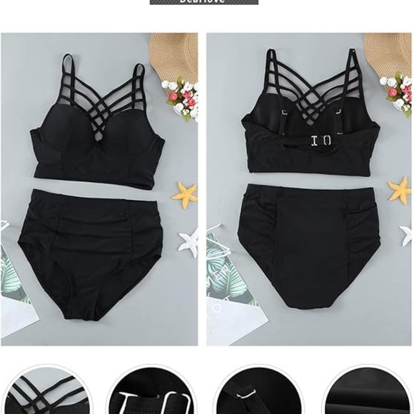 NWOT Dearlove Bra Shaped cups + High Waisted Ruched Bottoms 2 Pc. SwimSuit Sz L - Picture 1 of 3